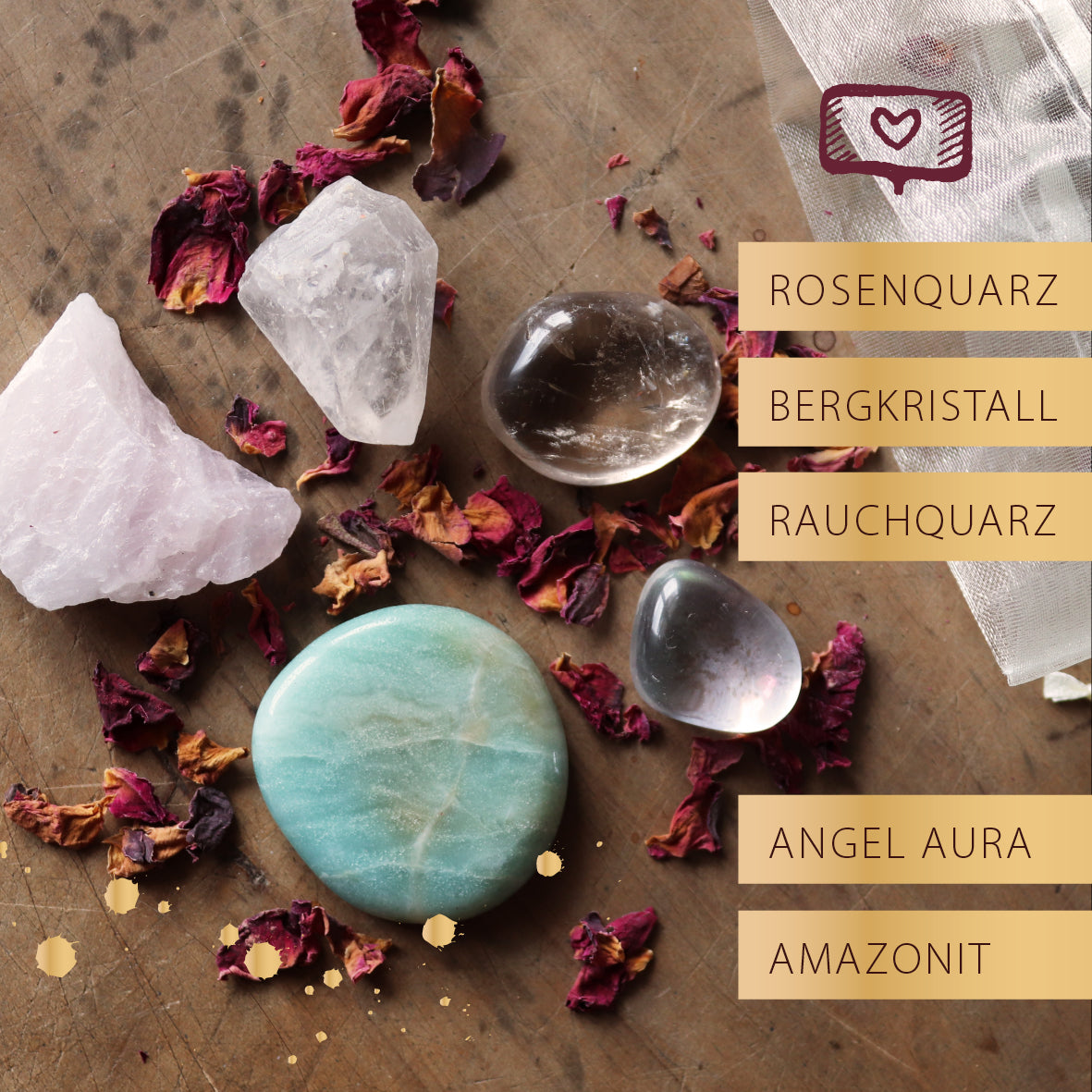Rauchquarz, Rosenquarz, Bergkristall, Amazonit und Angel Aura als Set mit Rosenblüten